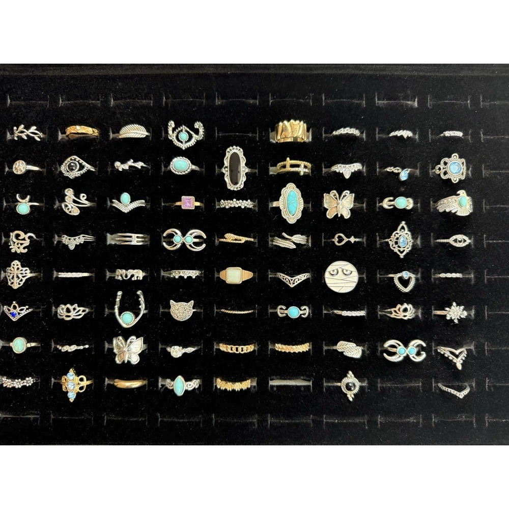 Set Of 69 Womens Rings With Black Velvet Case Boho Artisan Southwestern Retro